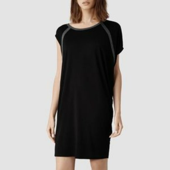 ALLSAINTS Asymmetrical Black Mini‎ Dress W/ Brown Trim Sz M- EUC - Picture 1 of 8